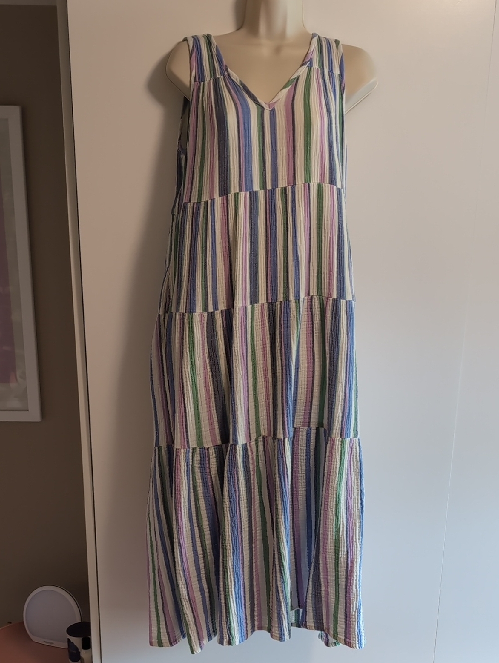 Marine Layer Pastel Stripe Tiered Maxi Dress in Blue, Green, Purple